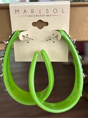 Mar Y Sol Accessories Lime Green Lucite Hoop Earrings Silver Punk Spikes NWOT